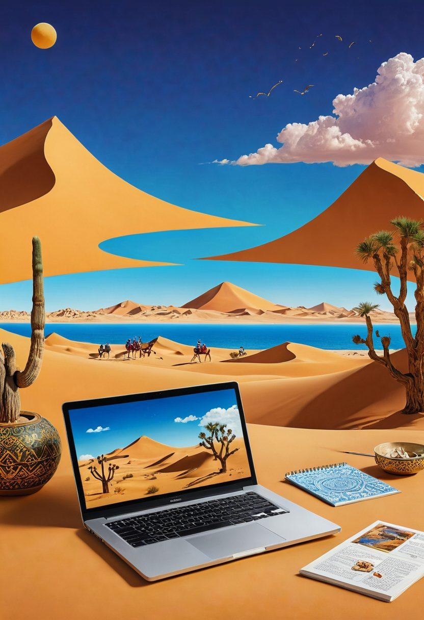 A vibrant digital collage showcasing various Arabic vocabulary words floating around an iconic desert landscape, with a laptop open displaying an online language learning platform. Include diverse characters of different ethnicities engaging in conversation, emphasizing cultural exchange. Bright colors reflecting the richness of Arabic culture with ornate patterns and calligraphy woven into the background. super-realistic. vibrant colors. 3D.