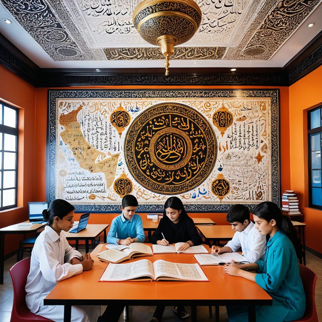 A captivating digital classroom setting with a diverse group of students engaging with an Arabic language book, ornate Arabic calligraphy floating around them, symbols of Arabic culture like a traditional tea set and intricate designs in the background, and a world map highlighting Arabic-speaking regions. vibrant colors. 3D.