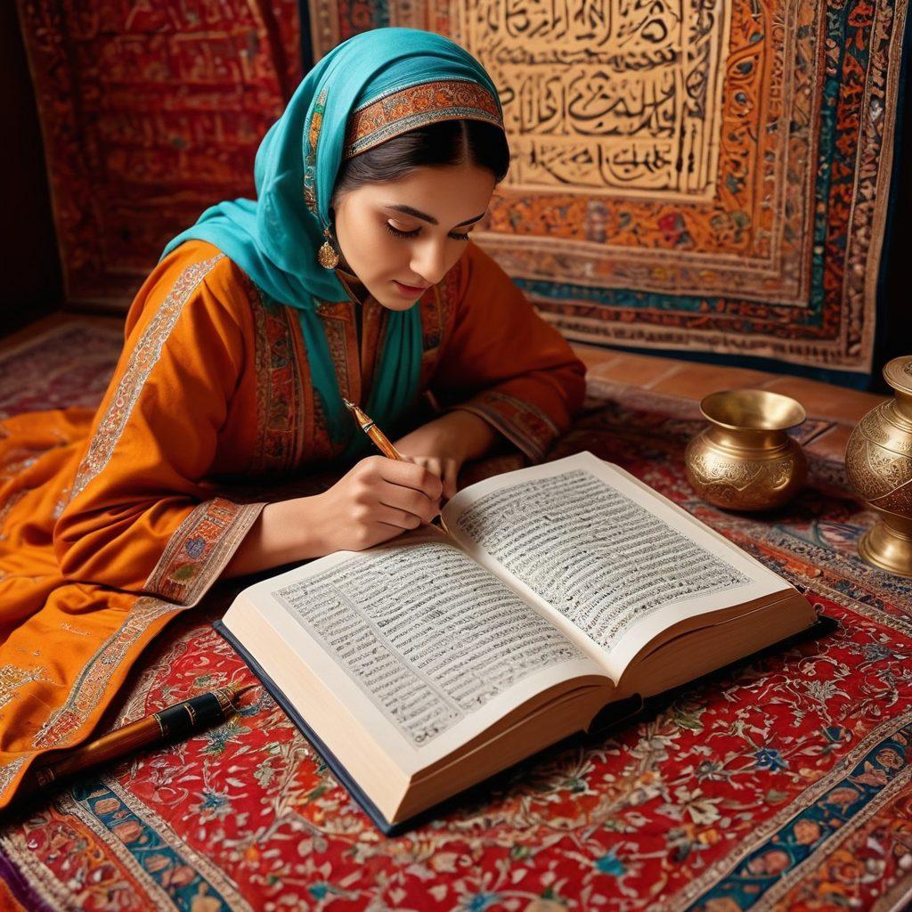 A beautifully illustrated scene showcasing a traditional Arabic book surrounded by handwritten calligraphy, ornate Arabic patterns in the background, and an open quill pen dipped in ink. Include diverse individuals deeply engaged in reading and discussing, symbolizing the connection between literature and language learning. Evoke feelings of rich cultural heritage and intellectual exploration. vibrant colors. intricate details.